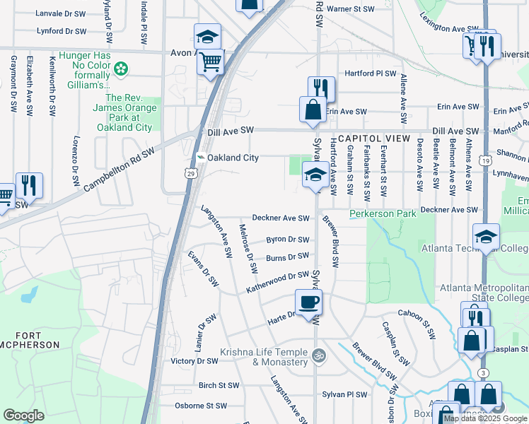 map of restaurants, bars, coffee shops, grocery stores, and more near 1019 Deckner Avenue Southwest in Atlanta