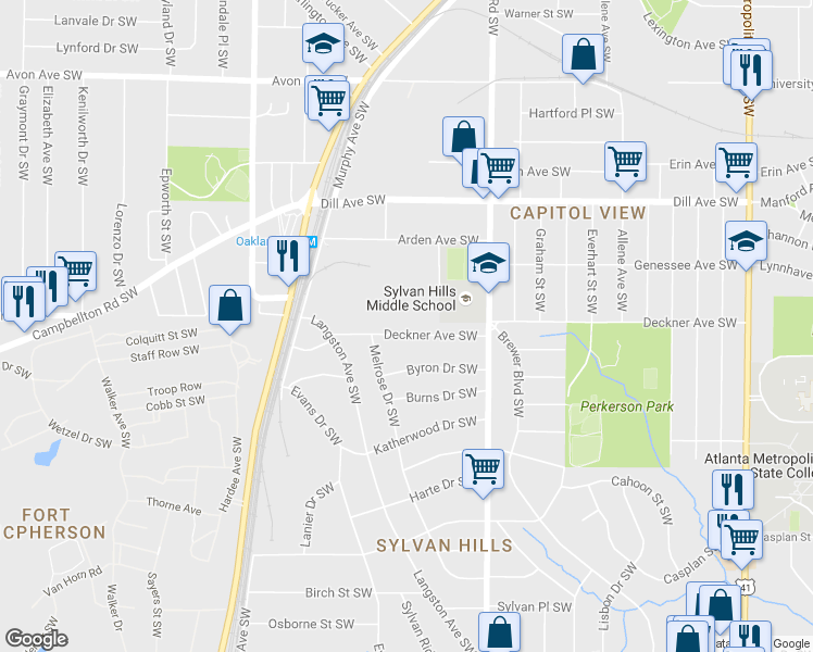 map of restaurants, bars, coffee shops, grocery stores, and more near 1015 Deckner Avenue Southwest in Atlanta