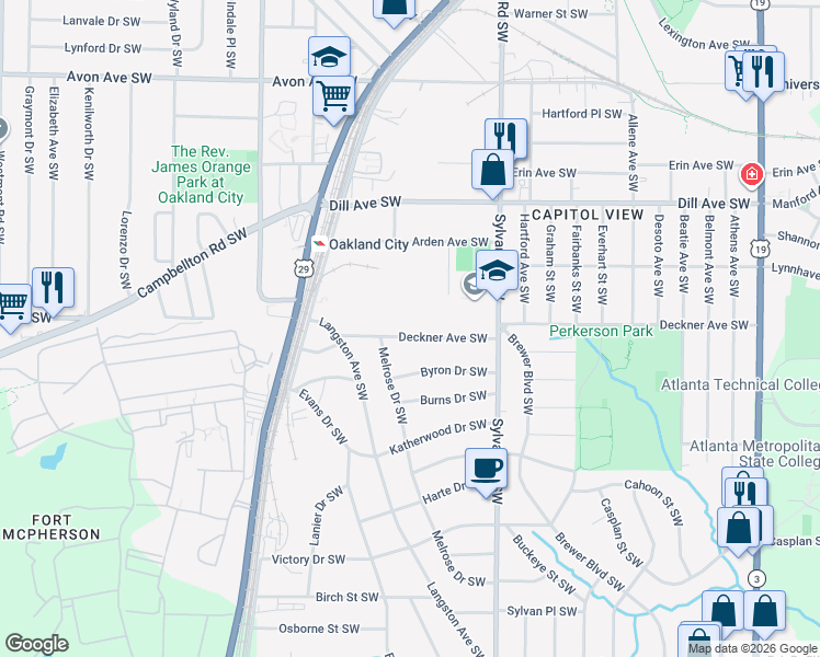 map of restaurants, bars, coffee shops, grocery stores, and more near 1019 Deckner Avenue Southwest in Atlanta