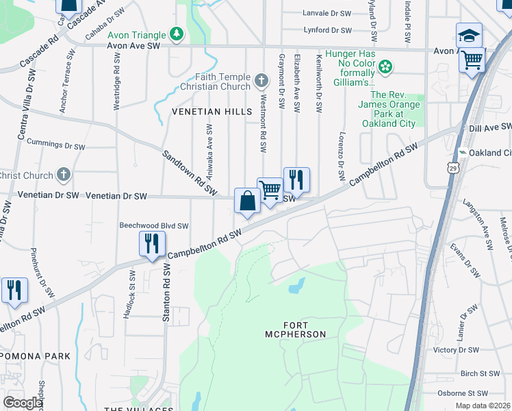 map of restaurants, bars, coffee shops, grocery stores, and more near 1519 Campbellton Road Southwest in Atlanta