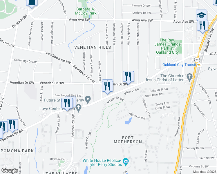 map of restaurants, bars, coffee shops, grocery stores, and more near 1526 Venetian Drive Southwest in Atlanta