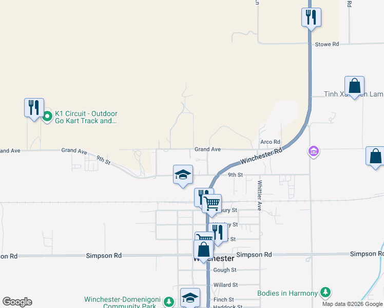 map of restaurants, bars, coffee shops, grocery stores, and more near 32935 Grand Avenue in Winchester
