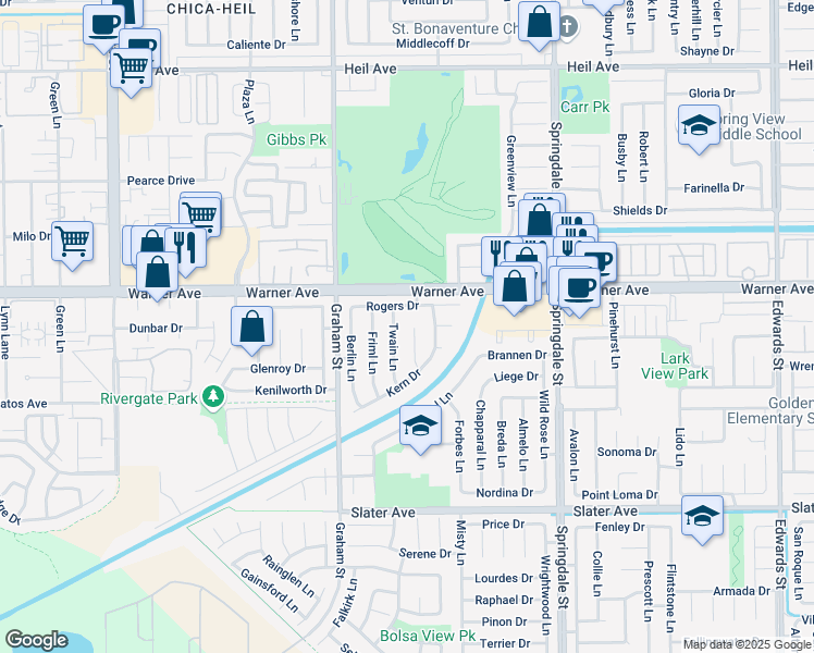 map of restaurants, bars, coffee shops, grocery stores, and more near 17081 Twain Lane in Huntington Beach