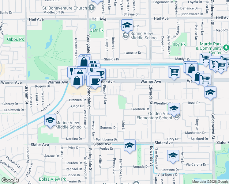 map of restaurants, bars, coffee shops, grocery stores, and more near 17081 Evergreen Circle in Huntington Beach