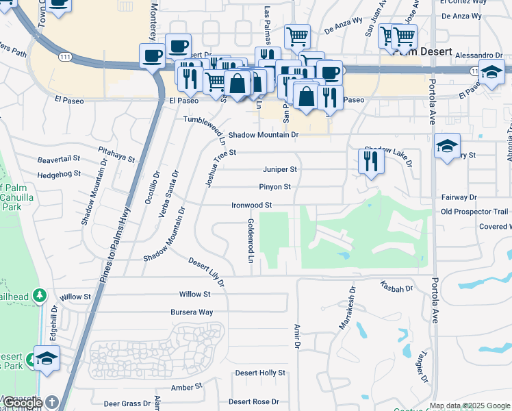 map of restaurants, bars, coffee shops, grocery stores, and more near Ironwood Street in Palm Desert