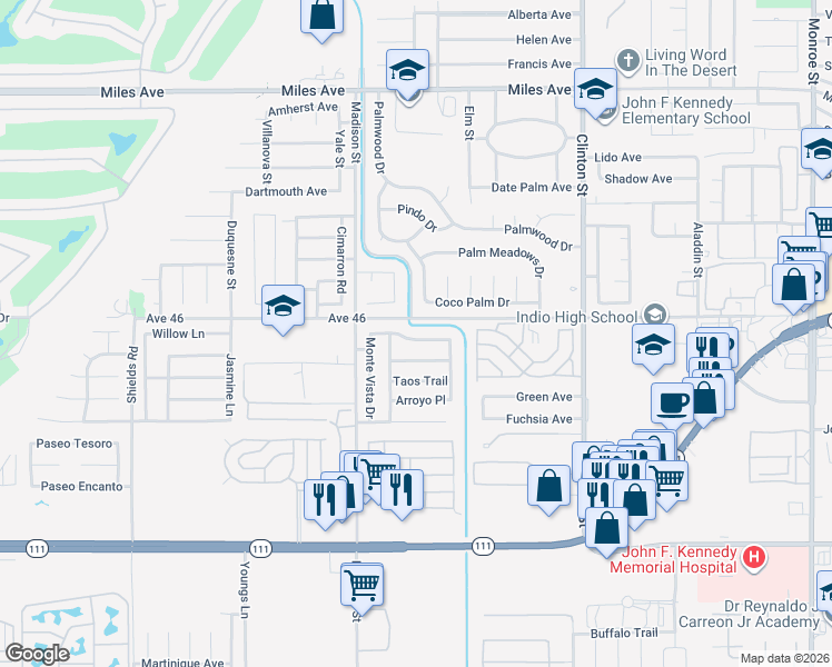 map of restaurants, bars, coffee shops, grocery stores, and more near 81180 Red Bluff Road in Indio