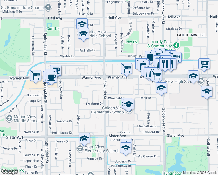 map of restaurants, bars, coffee shops, grocery stores, and more near 6600 Warner Avenue in Huntington Beach
