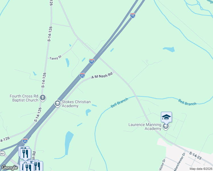 map of restaurants, bars, coffee shops, grocery stores, and more near 1093 A M Nash Road in Manning