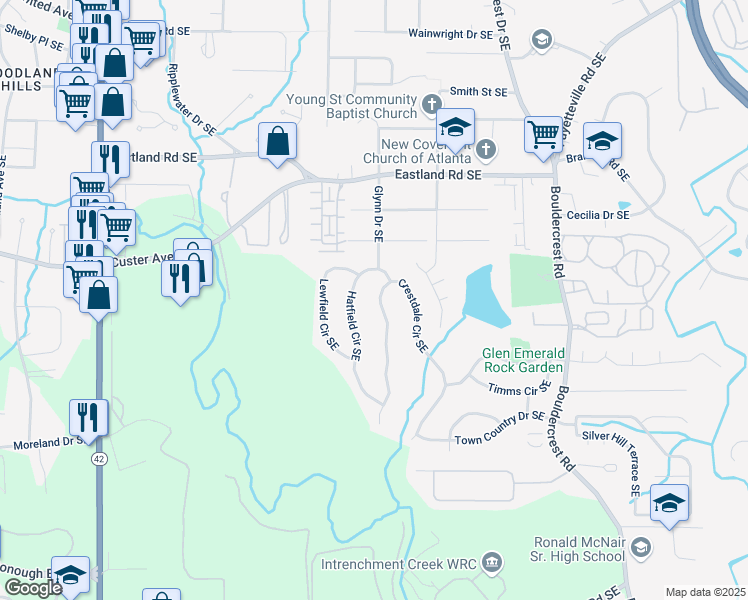map of restaurants, bars, coffee shops, grocery stores, and more near 2547 Crestdale Circle Southeast in Atlanta