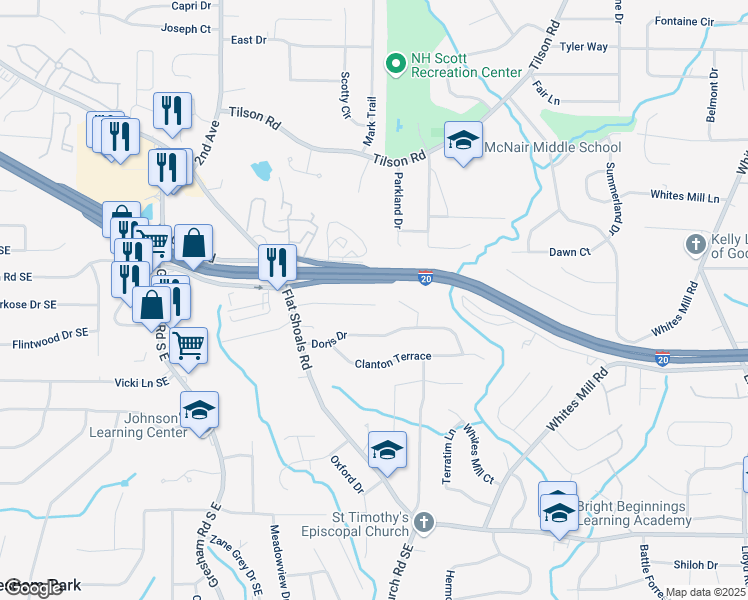 map of restaurants, bars, coffee shops, grocery stores, and more near 2180 Rexford Drive in Decatur