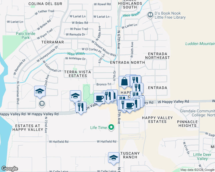 map of restaurants, bars, coffee shops, grocery stores, and more near 6752 West Buckskin Trail in Peoria