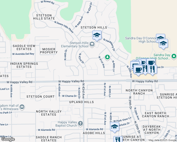 map of restaurants, bars, coffee shops, grocery stores, and more near 4215 West Hackamore Drive in Phoenix