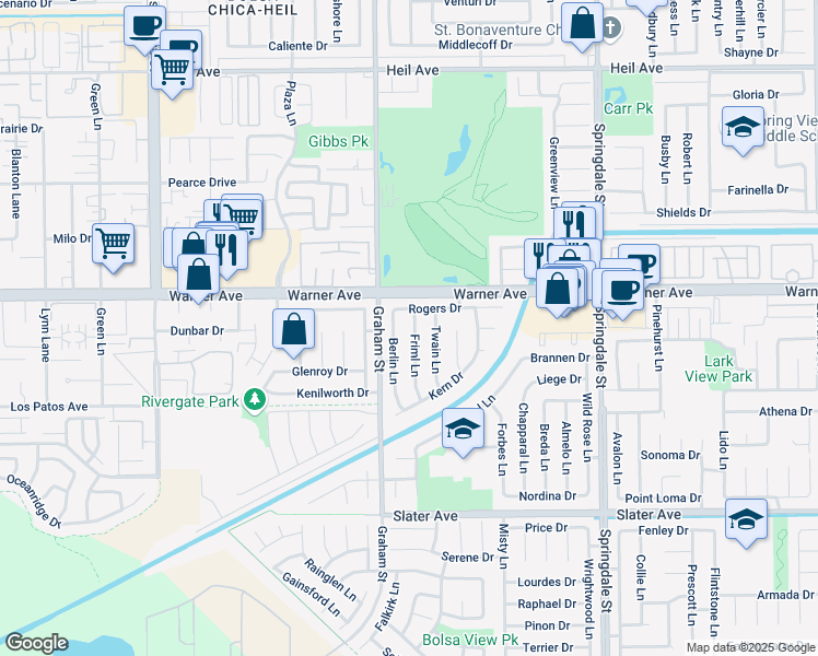 map of restaurants, bars, coffee shops, grocery stores, and more near 17092 Berlin Lane in Huntington Beach