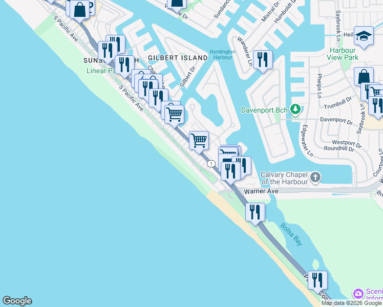 map of restaurants, bars, coffee shops, grocery stores, and more near 17062 6th Street in Sunset Beach