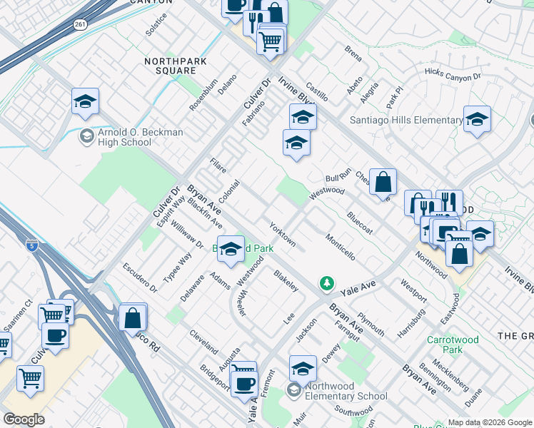 map of restaurants, bars, coffee shops, grocery stores, and more near 1 Yorktown in Irvine