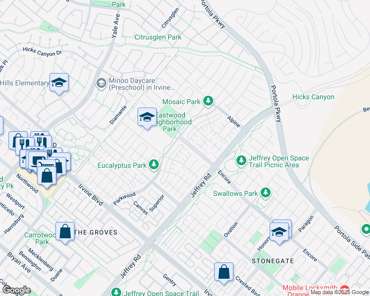 map of restaurants, bars, coffee shops, grocery stores, and more near 52 Henson in Irvine
