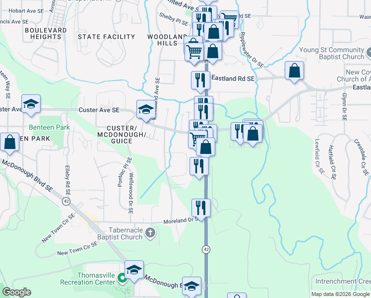 map of restaurants, bars, coffee shops, grocery stores, and more near 1498 Woodland Circle Southeast in Atlanta