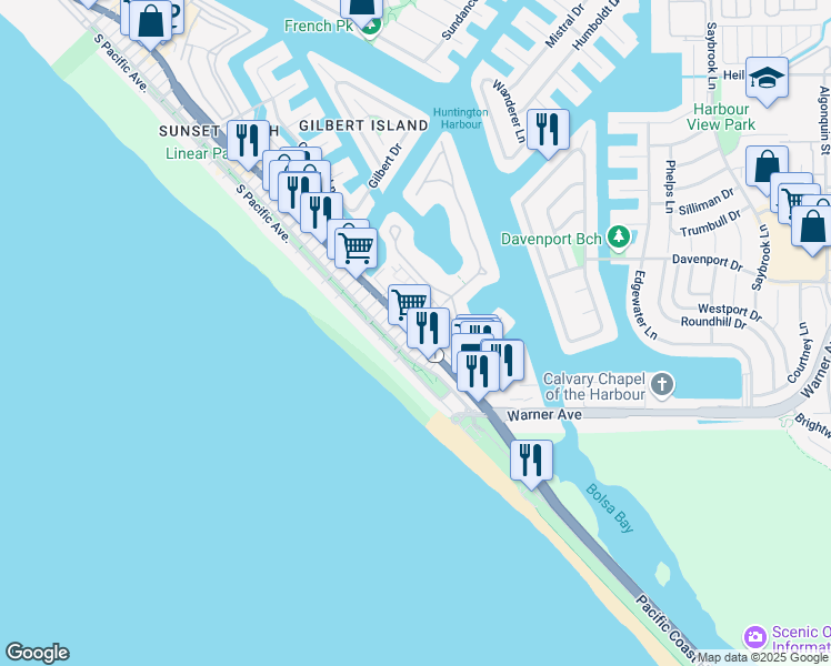 map of restaurants, bars, coffee shops, grocery stores, and more near East Pacific Coast Highway & Coral Cay Lane in Huntington Beach