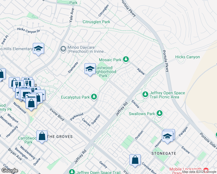 map of restaurants, bars, coffee shops, grocery stores, and more near 55 Henson in Irvine
