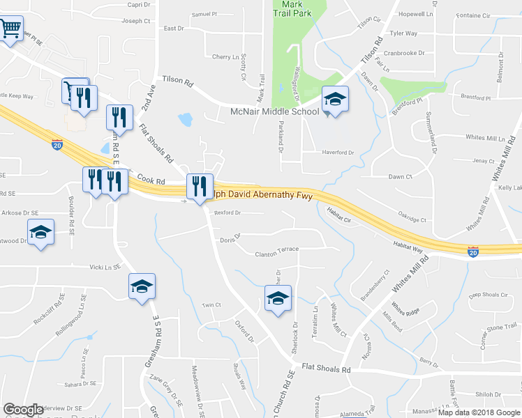 map of restaurants, bars, coffee shops, grocery stores, and more near 2174 Rexford Drive in Decatur