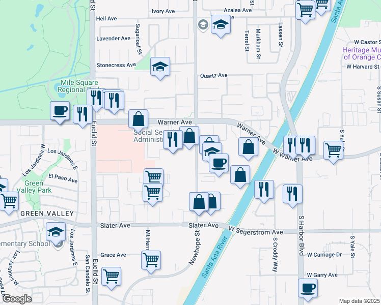 map of restaurants, bars, coffee shops, grocery stores, and more near 17155 Newhope Street in Fountain Valley