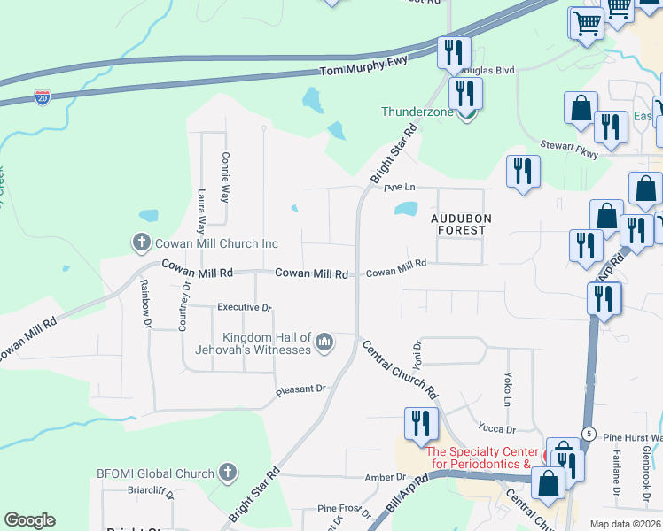 map of restaurants, bars, coffee shops, grocery stores, and more near 6348 Cowan Mill Road in Winston