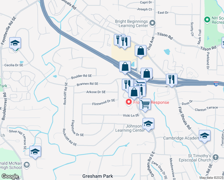map of restaurants, bars, coffee shops, grocery stores, and more near 1862 Arkose Drive Southeast in Atlanta