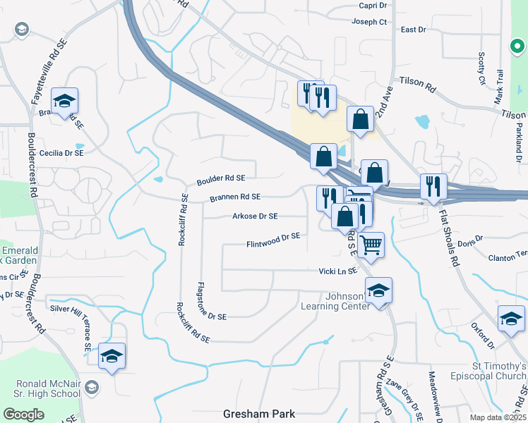 map of restaurants, bars, coffee shops, grocery stores, and more near 1806 Arkose Drive Southeast in Atlanta