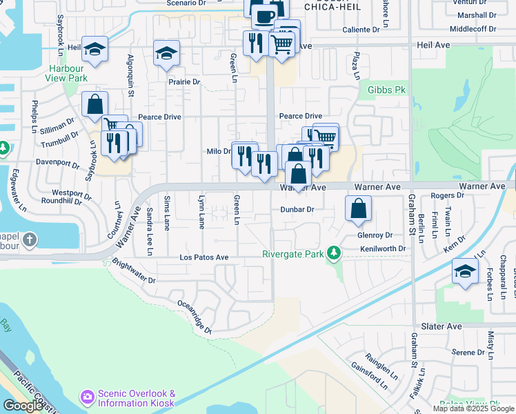 map of restaurants, bars, coffee shops, grocery stores, and more near 4952 Warner Avenue in Huntington Beach