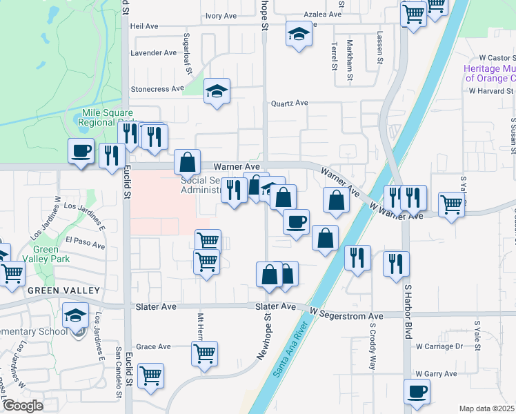 map of restaurants, bars, coffee shops, grocery stores, and more near 17155 Newhope Street in Fountain Valley