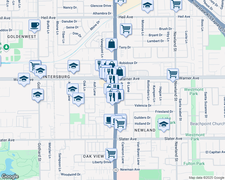 map of restaurants, bars, coffee shops, grocery stores, and more near in Huntington Beach