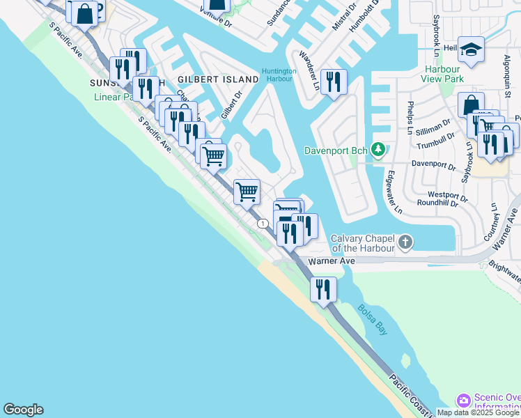 map of restaurants, bars, coffee shops, grocery stores, and more near 17042 Pacific Coast Highway in Huntington Beach