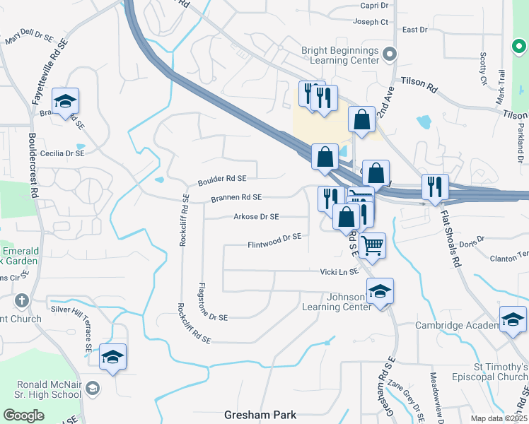 map of restaurants, bars, coffee shops, grocery stores, and more near 1820 Arkose Drive Southeast in Atlanta