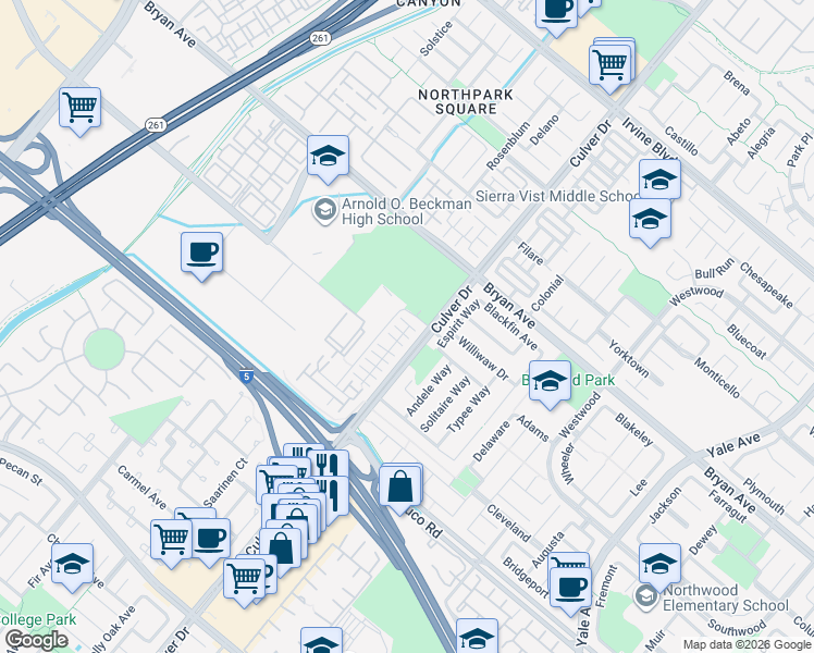 map of restaurants, bars, coffee shops, grocery stores, and more near 13732 Culver Drive in Irvine