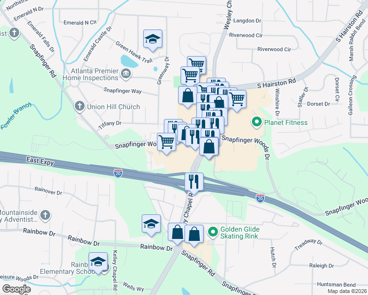 map of restaurants, bars, coffee shops, grocery stores, and more near 4207 Snapfinger Woods Drive in Decatur