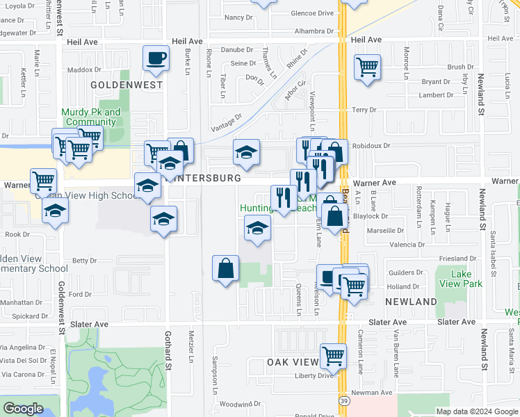 map of restaurants, bars, coffee shops, grocery stores, and more near 17082 Emerald Lane in Huntington Beach