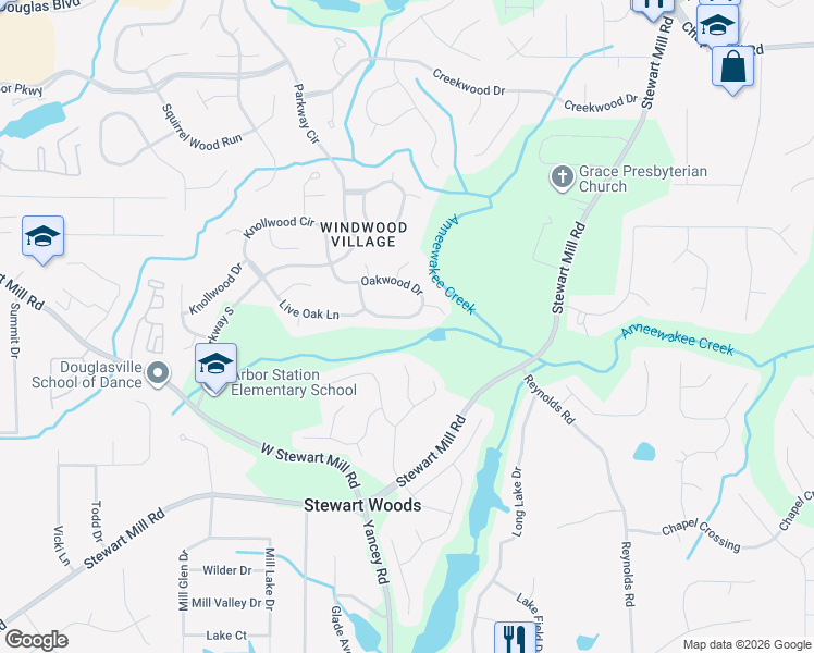 map of restaurants, bars, coffee shops, grocery stores, and more near 6570 Oakwood Drive in Douglasville
