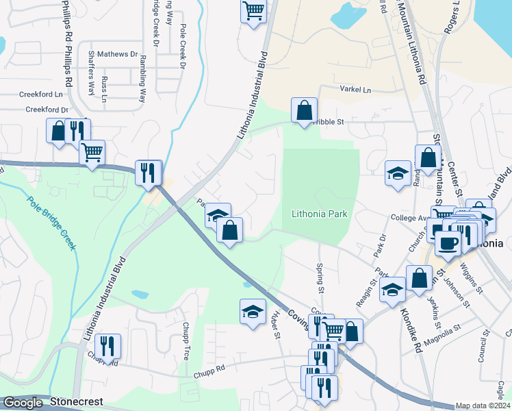 map of restaurants, bars, coffee shops, grocery stores, and more near 2776 Parkway Cove in Lithonia
