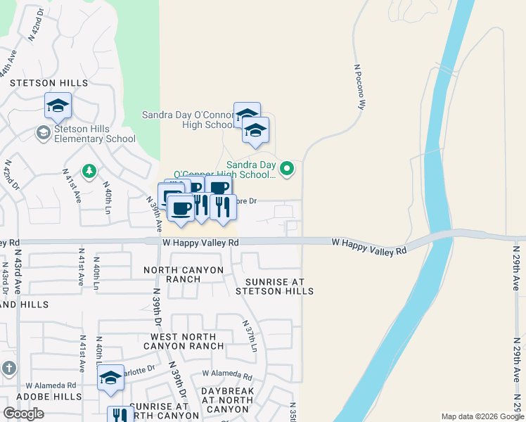 map of restaurants, bars, coffee shops, grocery stores, and more near 3510 West Happy Valley Road in Glendale