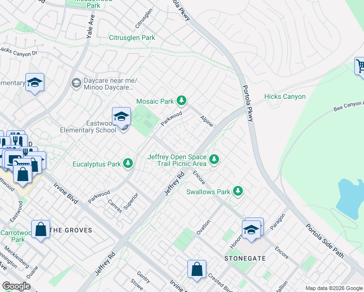 map of restaurants, bars, coffee shops, grocery stores, and more near 181 Frontier in Irvine