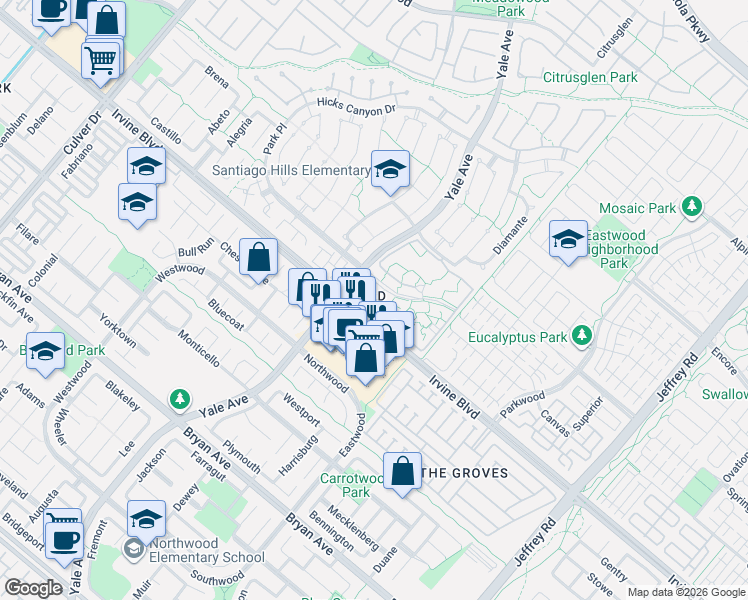 map of restaurants, bars, coffee shops, grocery stores, and more near 227 Springview in Irvine