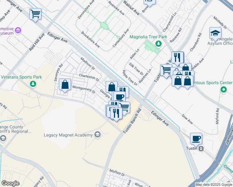 map of restaurants, bars, coffee shops, grocery stores, and more near 17210 Cambridge Way in Tustin