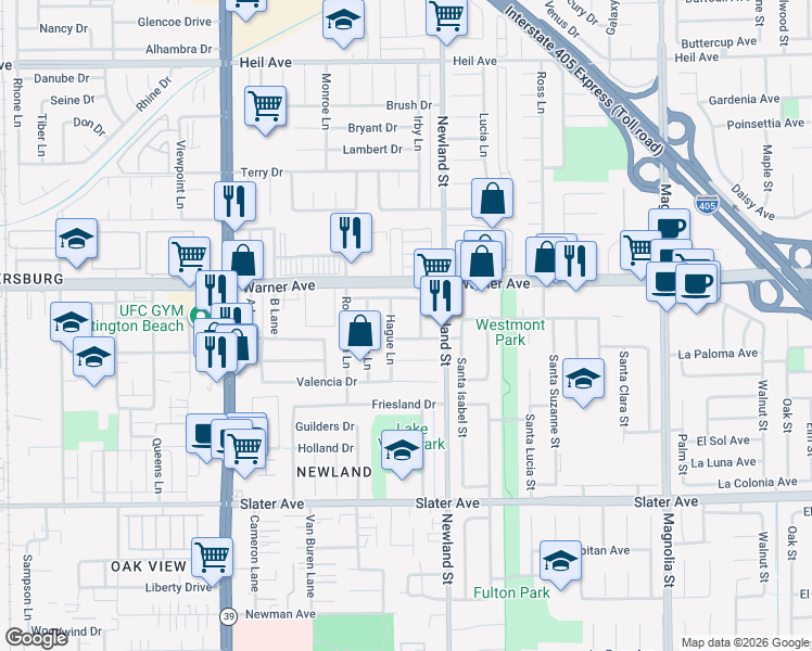 map of restaurants, bars, coffee shops, grocery stores, and more near 8361 Rembrandt Drive in Huntington Beach