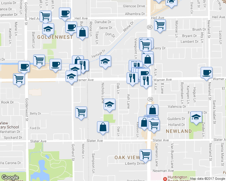 map of restaurants, bars, coffee shops, grocery stores, and more near 17102 Emerald Lane in Huntington Beach