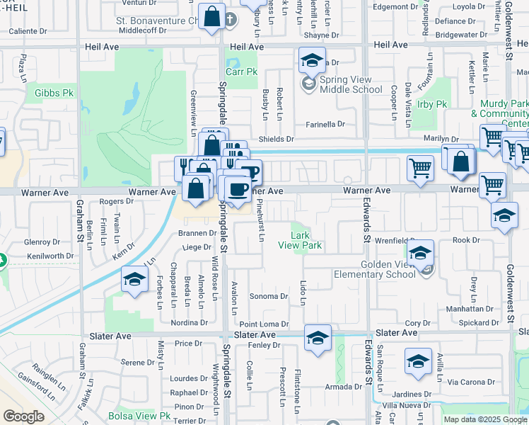 map of restaurants, bars, coffee shops, grocery stores, and more near 17092 Pinehurst Lane in Huntington Beach
