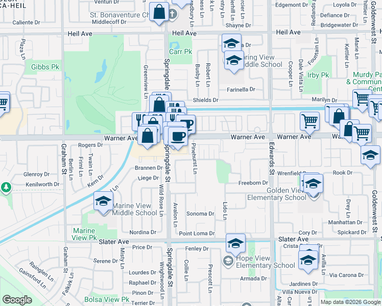 map of restaurants, bars, coffee shops, grocery stores, and more near 17092 Pinehurst Lane in Huntington Beach
