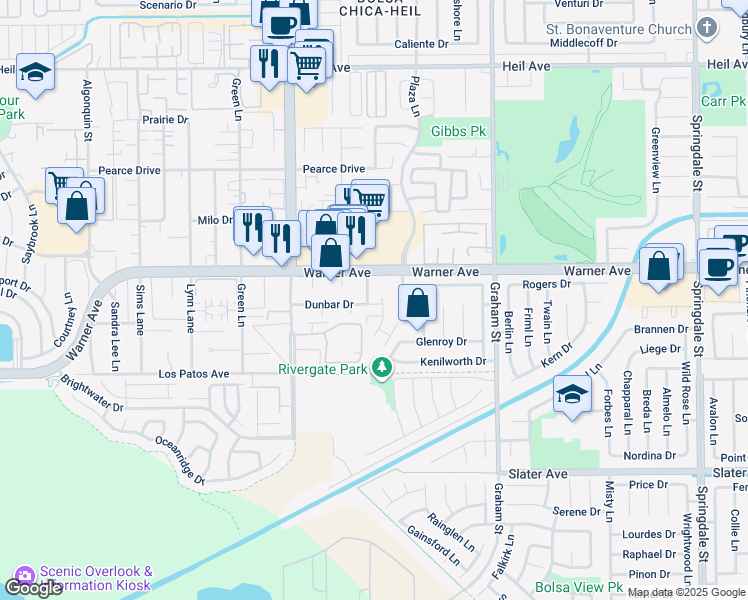 map of restaurants, bars, coffee shops, grocery stores, and more near 5172 Dunbar Drive in Huntington Beach