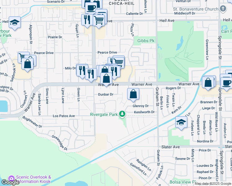 map of restaurants, bars, coffee shops, grocery stores, and more near 5172 Dunbar Drive in Huntington Beach