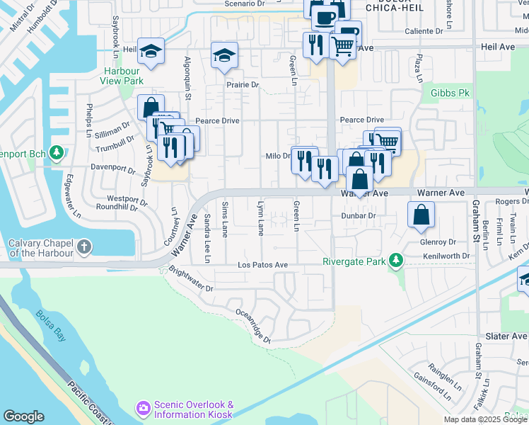 map of restaurants, bars, coffee shops, grocery stores, and more near 17092 Lynn Lane in Huntington Beach