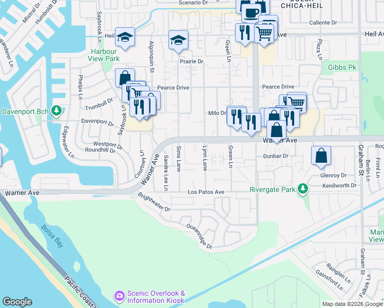 map of restaurants, bars, coffee shops, grocery stores, and more near 4682 Warner Avenue in Huntington Beach